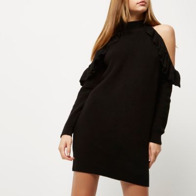 Black knit cold shoulder frill jumper dress